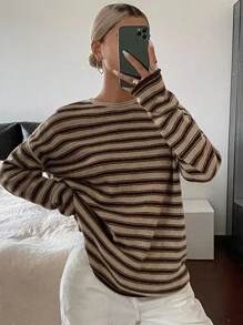Livesso Women's Casual Drop Shoulder Long Sleeve Striped Sweater, Autumn,Fall Women Clothes - Brown - View 4