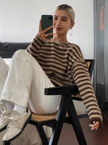 Livesso Women's Casual Drop Shoulder Long Sleeve Striped Sweater, Autumn,Fall Women Clothes - Brown - View 7