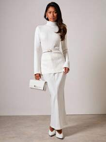 COSMINA Women's Solid Color Stand Collar Fitted Long Sleeve Knit Top,Sweaters For Women White Top In Fall/Winter - White - View 3