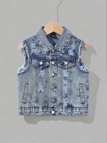 SHEIN 年轻男孩秋冬复古街头酷炫风格破洞日常蓝色牛仔破洞宽松夹克，新品，男孩返校服，儿童服装和男孩街头服饰 - 淺色水洗藍 - 查看 3