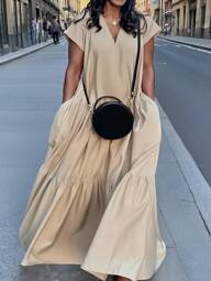 SHEIN Plus Size Women V-Neck Pocketed Ruched Casual Loose Dress