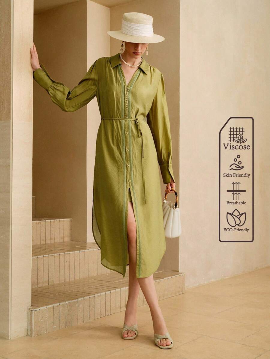 SHEIN LUNE Women's Elegant Commuter Long Sleeve Cinched Waist French Casual Maxi Dress Fall Women Clothes Fall Outfits Women Fall Autumn Clothes - Green - View 1