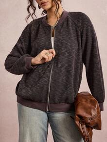 SHEIN VCAY Plus Size Casual Zip-Up Long Sleeve Jackets, Versatile For Everyday Wear Winter Jacket Women Winter Jacket Western Boho Warm