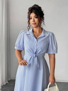 Elenzga Plus Size Women's Elegant Woven Tie-Waist Mid-Sleeve Collared Shirt & Striped Maxi Dress 2 Pieces Set - Blue and White - View 3