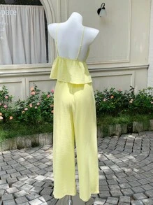 Comfortcana Women's Linen Cream Yellow Tank Top And Pants Set, Summer - Yellow - View 6