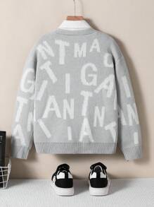 Tween Boy 1 Piece American Street Style Light Gray Letter-Print Cardigan , Classic V-Neck Button Front, Loose Fit Long Sleeve Knit Sweater, Medium Weight Soft Cardigan For School Daily Wear, Father-Son Matching, Birthday & New Year Gift Idea - Light Grey - View 2