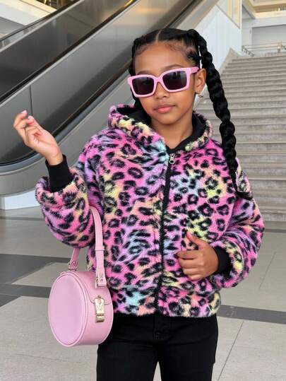 New Style Girls Young Girl Autumn/Winter Casual Reversible Hooded Leopard Print Fluffy Wind Jacket Fall