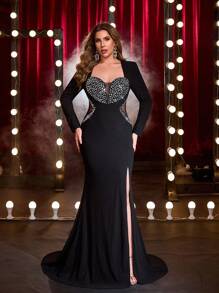 Glamrae Plus Size Elegant Black Knit Shoulder Pad Long Sleeve Luxury Rhinestone Mesh Patchwork Sheer Side High Slit Fishtail Formal Gown - Black - View 8