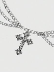 ROMWE Goth 1 件女士银十字架和水晶蜘蛛骷髅装饰双层链带，万圣节深色哥特式连衣裙配饰 - 銀色 - 查看 3