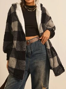 Freevana Plus Buffalo Plaid Pattern Drop Shoulder Hooded Teddy Coat Winter Fall Autumn - Black and White - View 6