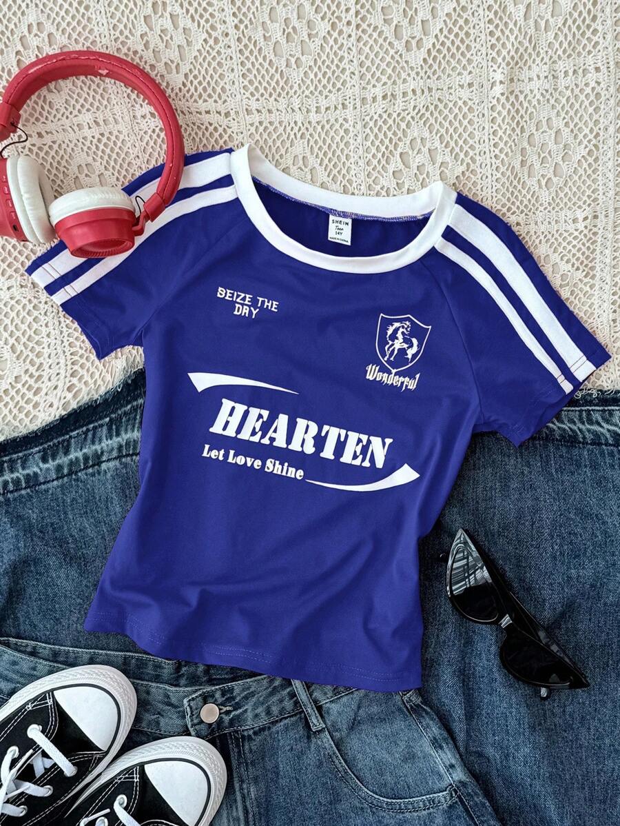 SHEIN TEENGIRL 红色修身圆领撞色边T恤，适合街舞、赛车徽章和字母图案T恤 - 藍色 - 查看 1