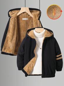 1 st. Unga pojkar, avslappnad collegestil, enfärgat svart tryckmönster, moderiktig, mångsidig, dragkedja med huva, vadderad ytterkappa, lämplig för höst/vinter - Svart - Visa 1