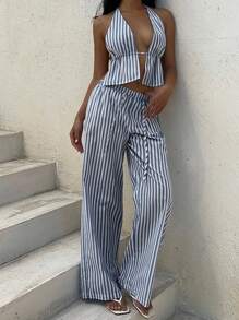 Aloruh Striped Backless Halter Top & Wide Leg Pants 2 Pieces Vacation Set - Navy Blue - View 3