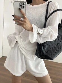 Livesso Women's Summer Long Sleeve Loose Top And Shorts 2 Pieces Set Lounge Sets For Women - White - View 6