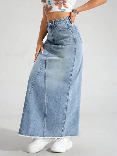 SHEIN ICON Plus Size Women's Denim Long Frayed Hem Casual Maxi Skirt With Pockets