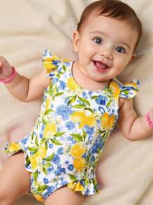 Baby Girl Lemon Print Ruffle One-Piece Swimsuit Animal Print Dress Halloween Costumes School Clothes School Clothes Back To School Clothes Puppy Keep Puppy Graphic Tees - Multicolor - View 3