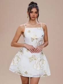 Glamine Charm Women's Short Organza Jacquard Gold Thread Decor Princess A-Line Slip Dress, Summer Mini Party Dress For Wedding Guest, Cocktail, Tea Ceremony - Apricot - View 1