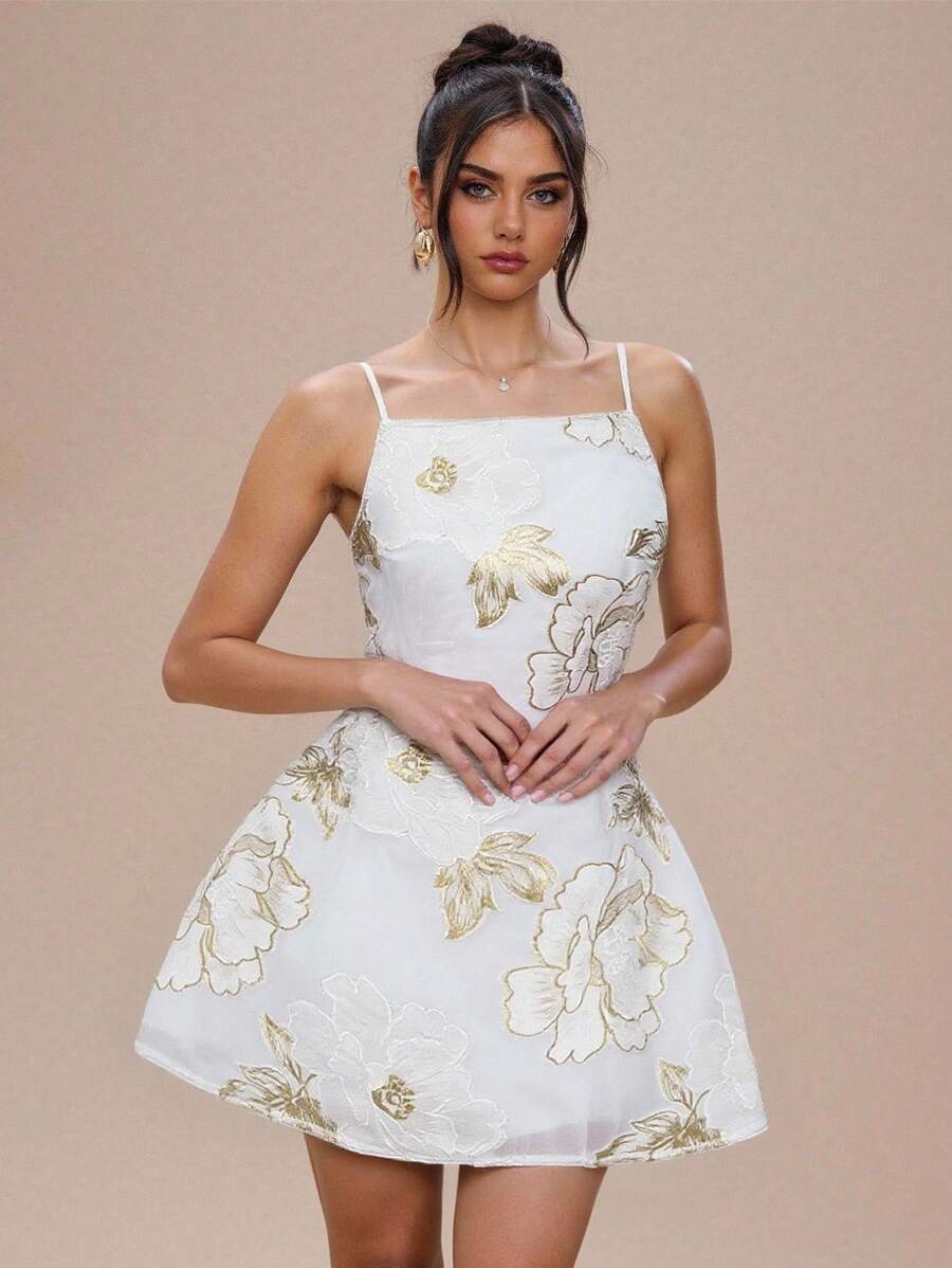 Glamine Charm Women's Short Organza Jacquard Gold Thread Decor Princess A-Line Slip Dress, Summer Mini Party Dress For Wedding Guest, Cocktail, Tea Ceremony - Apricot - View 1
