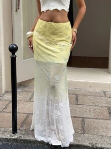 SHEIN EZwear Women's Gradient See-Through Mesh Skirt,Fashionable For Summer - Yellow - View 1