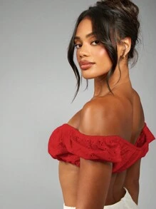 MISSGUIDED Off Shoulder Broderie Anglaise Crop Top Puff Sleeve Summer Boho Festival Beach Ruffle Floral Eyelet Feminine Vacation Holiday Christmas - Red - View 6