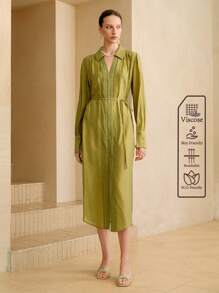 SHEIN LUNE Women's Elegant Commuter Long Sleeve Cinched Waist French Casual Maxi Dress Fall Women Clothes Fall Outfits Women Fall Autumn Clothes - Green - View 7