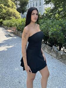 Lucia Bellido Vestido mini sexy sin tirantes con estampado de leopardo y dobladillo de volantes de doble capa - Negro - Ver 1