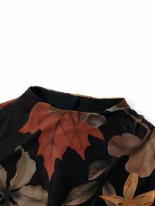 SHEIN Clasi 优雅通勤无袖褶皱枫叶印花连衣裙 - 棕色 - 查看 4