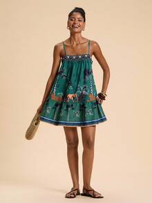 Travachic Váy dây mảnh họa tiết cây cọ và da báo cho kỳ nghỉ của phụ nữ - màu xanh lá - Xem 4