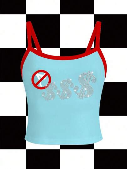 Studio Chunk Camiseta ajustada con ribete de patrón de letras estilo Y2K para mujer, top de tirantes de verano estilo Y2K, tops de verano para salir