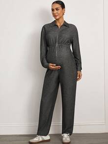 MaterniWear Maternity Grey Casual Solid Color Front Zipper Waist Elastic Band Pocket Jumpsuit  Business Casual Woman  Fall Women Clothes   Business Casual Woman  Beach  Gray  Chic Women's Jumpsuit