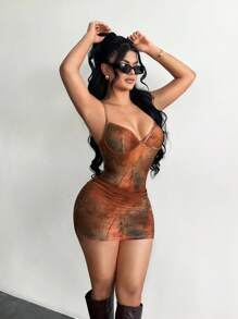 SHEIN SXY 女式性感细肩带扎染修身迷你连衣裙 - 彩色 - 查看 1