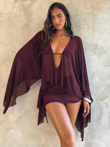 Aloruh Women New Chiffon Cover Up, Long Sleeve Sheer Tunic Top, Wine Red With Resin Chain Decor, Bat Wing Sleeve With Layering Design, Summer Beach Vacation - Burgundy - View 6