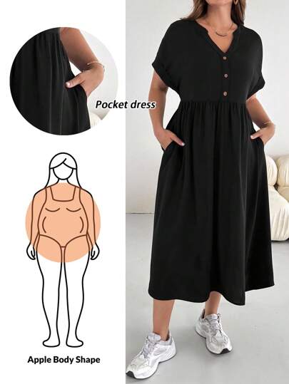 SHEIN Essnce Plus-Size Women's Casual Loose Dress, Summer Short-Sleeved Dress, Loose And Comfortable Dress, Pocket Dress Casual Dresses For Woman Casual Dress