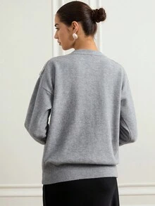 Zanirela Elegant Feather Embellished Beaded Pullover Sweater, Sophisticated Design, Chic & Graceful - Grey - View 2