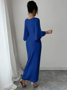 Elenzga Elegant Knitted High Elasticity Batwing Sleeve V-Neck Twist Design Women's Mid-Length Dress