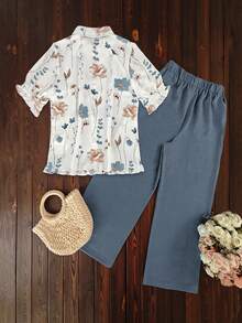 EMERY ROSE Women's Casual Ditsy Floral Collared Shirt Top And Solid Color Pants Set - Multicolor - View 2