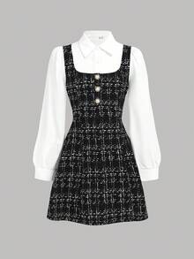 少女优雅公主风粗花呢印花甜美可爱拼接连衣裙，时尚休闲百搭，适合各种场合，如派对、典礼、学校等。