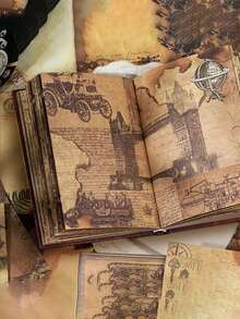 SHEIN 1本剪贴簿，共192页，遥远的歌声系列，复古棕色可写烫印材料书，剪贴簿用品笔记本配件，装饰笔记本垃圾杂志DIY个性化拼贴书 - 彩色 - 查看 7