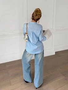 SHEIN 少女蓝色条纹拼接棕色金属袖口斜襟长袖长衬衫 - 淺藍色 - 查看 5