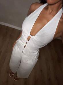 Glamine 2件套亚麻扭纹吊带背心和裤子，度假装 - 白色 - 查看 1