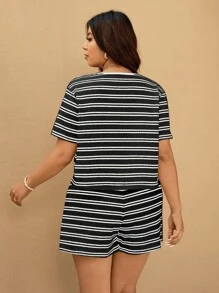 Elaquor Plus Size 2pcs/Set Striped Short Sleeve Shirt And Shorts,2 Pieces Summer Outfit,Business Casual Woman