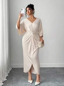 Elenzga 大码女式优雅针织高弹力V领扭纹设计蝙蝠袖中长连衣裙 - 杏色 - 查看 5