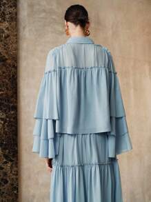 EMERY ROSE 女士四向弹力面料 H 型领荷叶边褶皱抽绳设计优雅约会长袖衬衫秋季女士度假波西米亚风女士休闲春季 - 藍色 - 查看 3