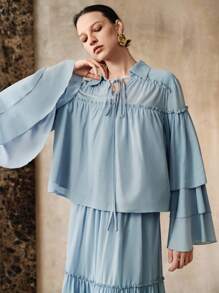 EMERY ROSE 女士四向弹力面料 H 型领荷叶边褶皱抽绳设计优雅约会长袖衬衫秋季女士度假波西米亚风女士休闲春季 - 藍色 - 查看 7