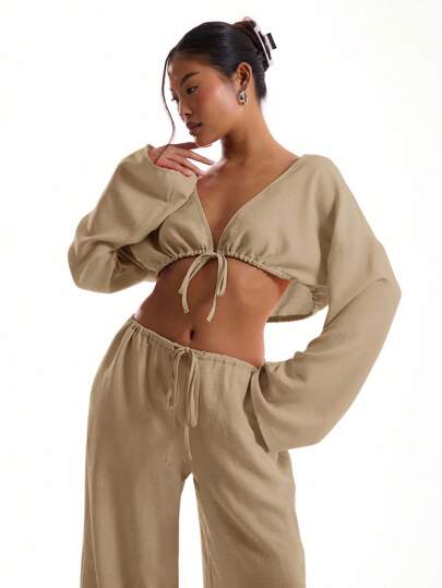 MUSERA 亚麻质感系带宽袖沙滩上衣，波西米亚风度假春季性感优雅伊比沙岛假日海滩外出上衣，俱乐部、优雅夏季节日春季复活节