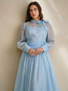 Anewsta Elegant Romantic Palace Banquet Stand Collar Bowknot Long Sleeve Ruched Shiny Long Plus Size Dress - Blue - View 7