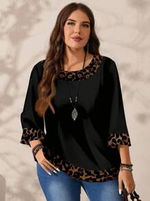 EMERY ROSE Blouse ample à imprimé intégral, col rond, manches 3/4 pour femmes grandes tailles, automne/hiver - Noir - Voir 4