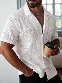 Manfinity Homme 男士白色衬衫，夏季纯色针织提花休闲度假短袖衬衫，白色蕾丝，传统款式亚麻混纺衬衫 - 米色 - 查看 5