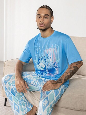 GODZILLAxKONG X SHEIN 男士字母与怪物图案短袖上衣和短裤家居服套装