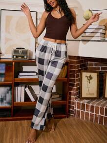 Miss Vinta 女士休闲V领格子印花睡衣套装 - 棕色 - 查看 4